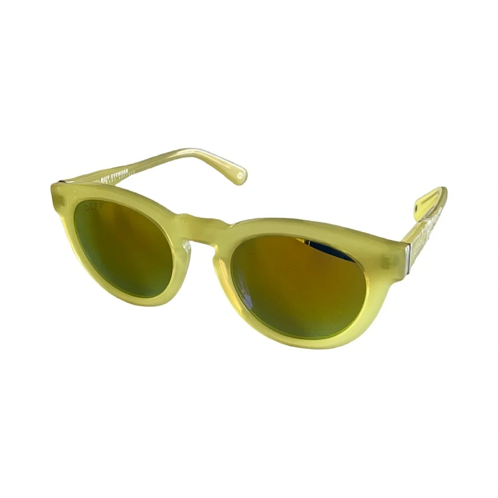 DIFF Eyewear Round Sunglasses Yellow Frame Mirrored Lens Retro Style